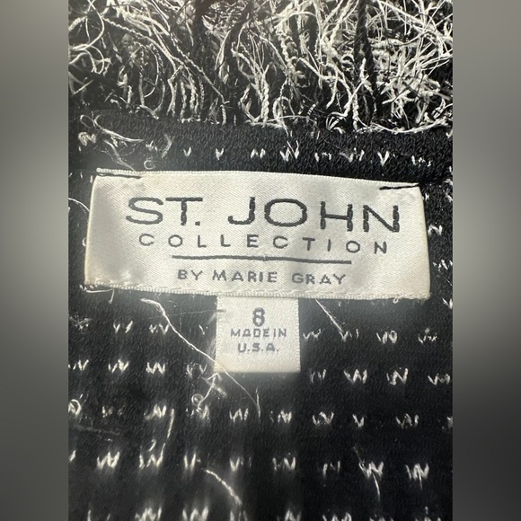 ST JOHN Knit Fringed Trim Black White Long Open Front Sweater Coat/Duster Size 8 - Picture 6 of 6